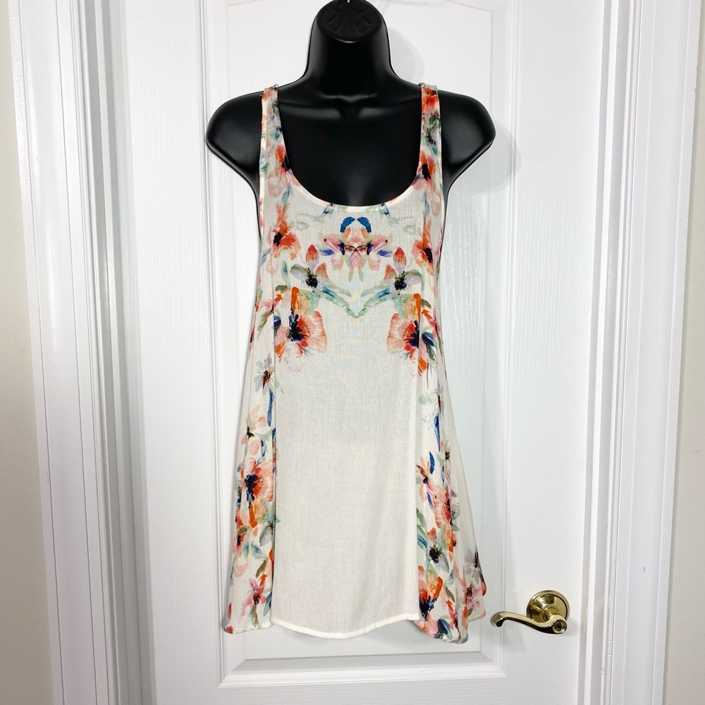 Free People Floral Border Print Surplice Open Back Tank Top Camisole White M